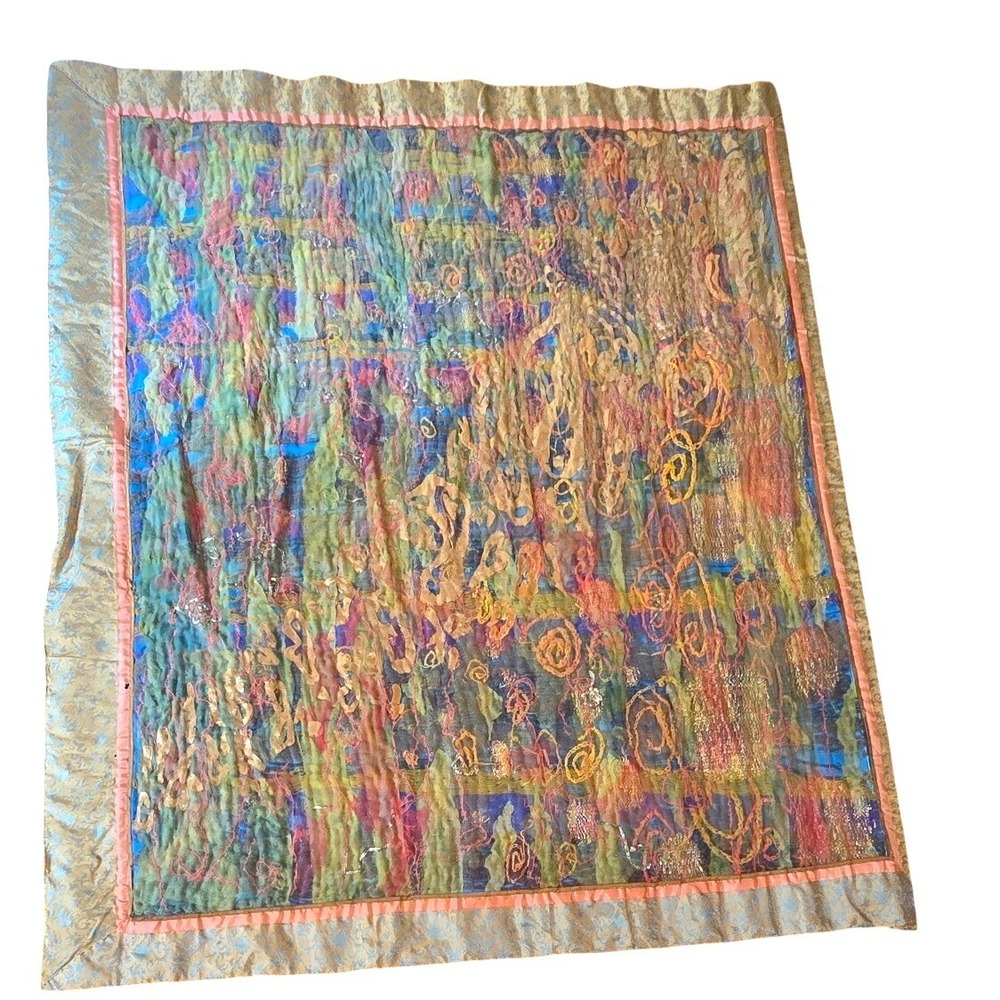 VINTAGE UNSIGNED folk art mixed media fiber art quilted wall hanging AMAZING